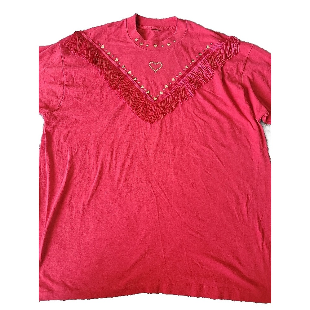 Red Shirt with Fringe & Hearts Western Tee Vintage Single Stitch 80's/90's